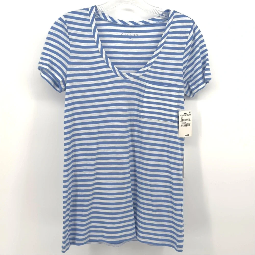 Caslon TShirt Womens XXSmall Blue White Brooke Striped Front Pocket Scoop Neck